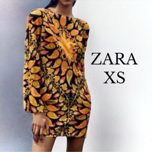 ZARA Mini Dress Paisley Long Sleeve Dress Retro YELLOW Black XS